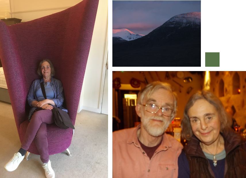 credit:Pictures clockwise L – R: Gillian Paschkes-Bell, Sail Mhór Scottish Highlands, Gillian with A.G.Rivett after a book reading
